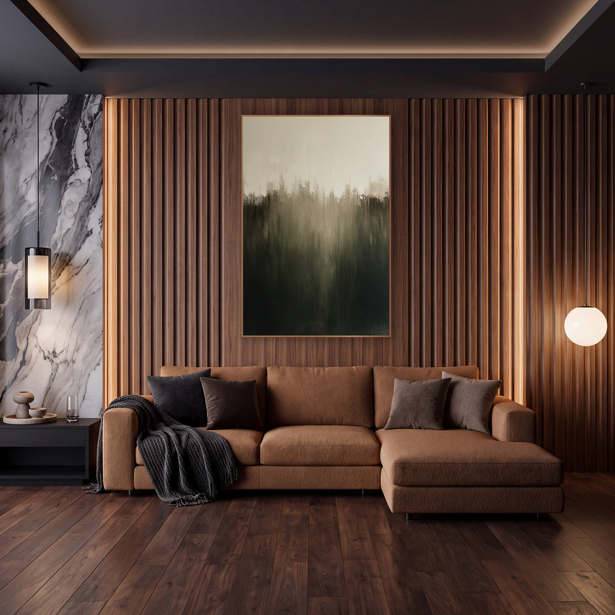 Smoky Olive Gradient Abstract wall art in an elegant modern room – abstract gradient fading from cream at the top