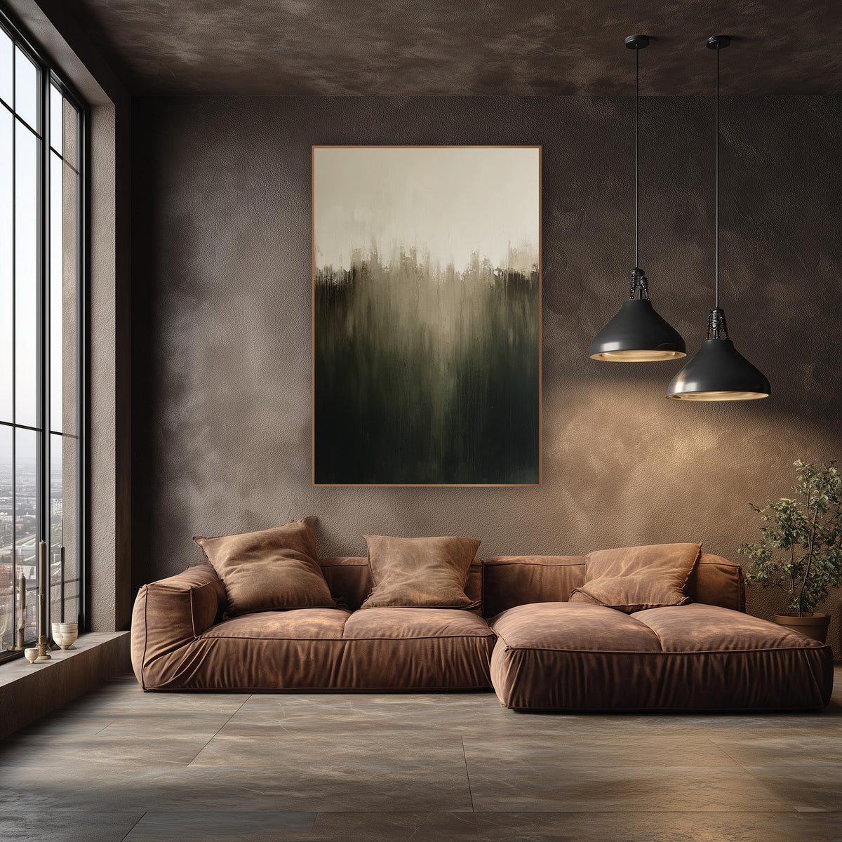Smoky Olive Gradient Abstract wall art in an elegant modern room – abstract gradient fading from cream at the top