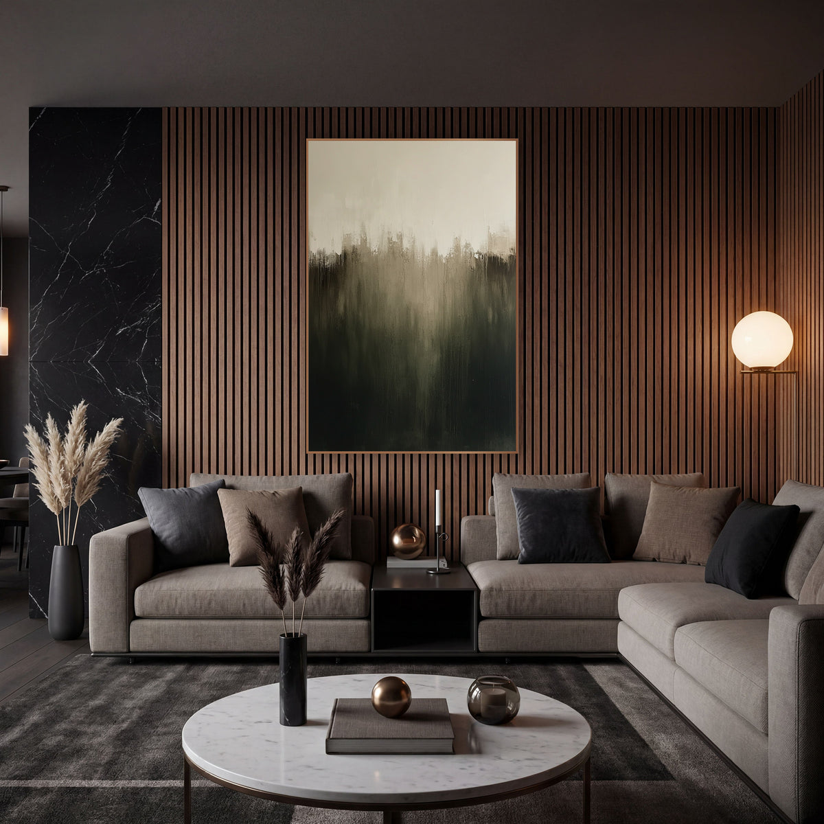 Smoky Olive Gradient Abstract wall art in an elegant modern room – abstract gradient fading from cream at the top