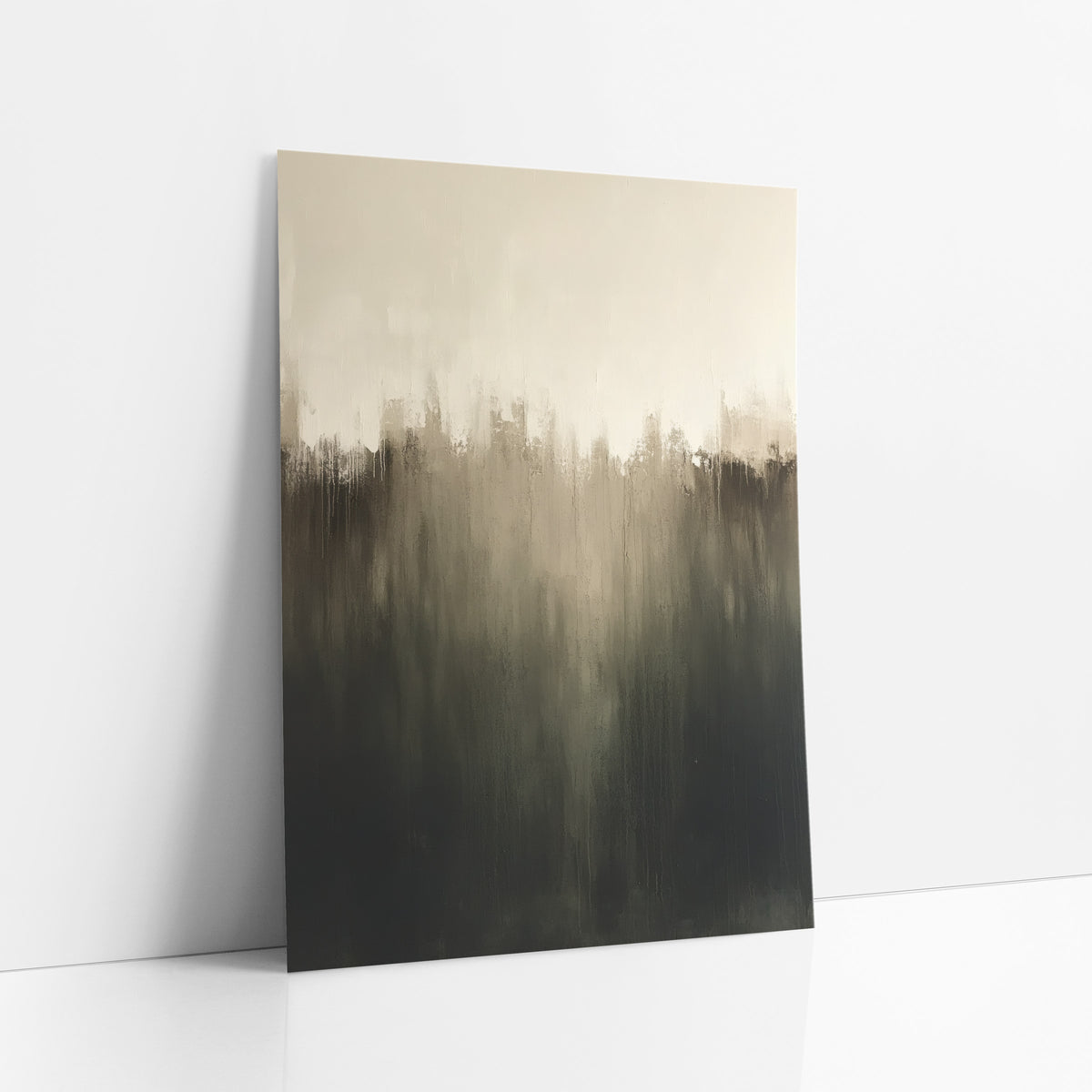 Smoky Olive Gradient Abstract art print leaning against a white wall – abstract gradient fading from cream at the top to dark