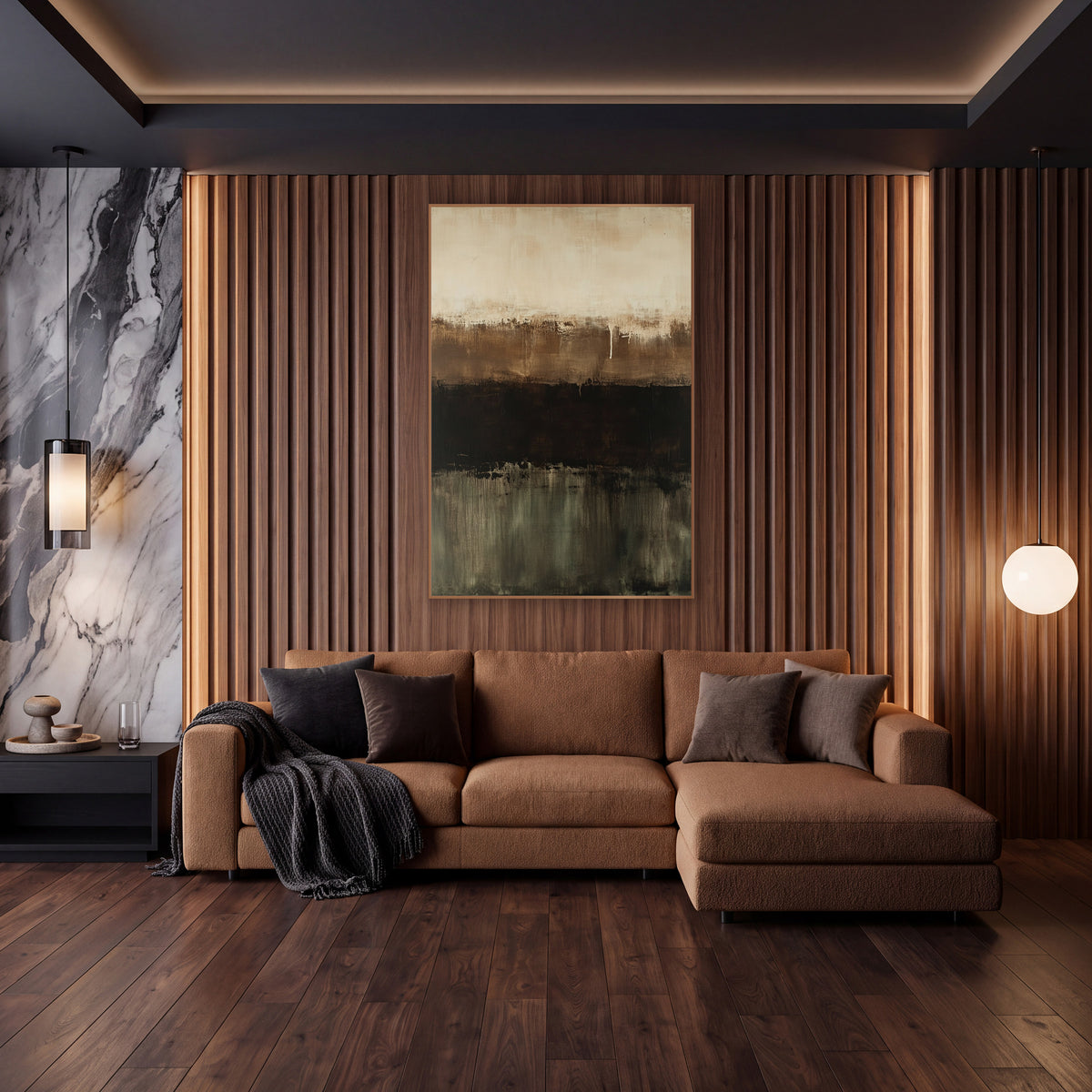 Chocolate Olive Horizon Abstract wall art in an elegant modern room – abstract artwork with horizontal bands of cream