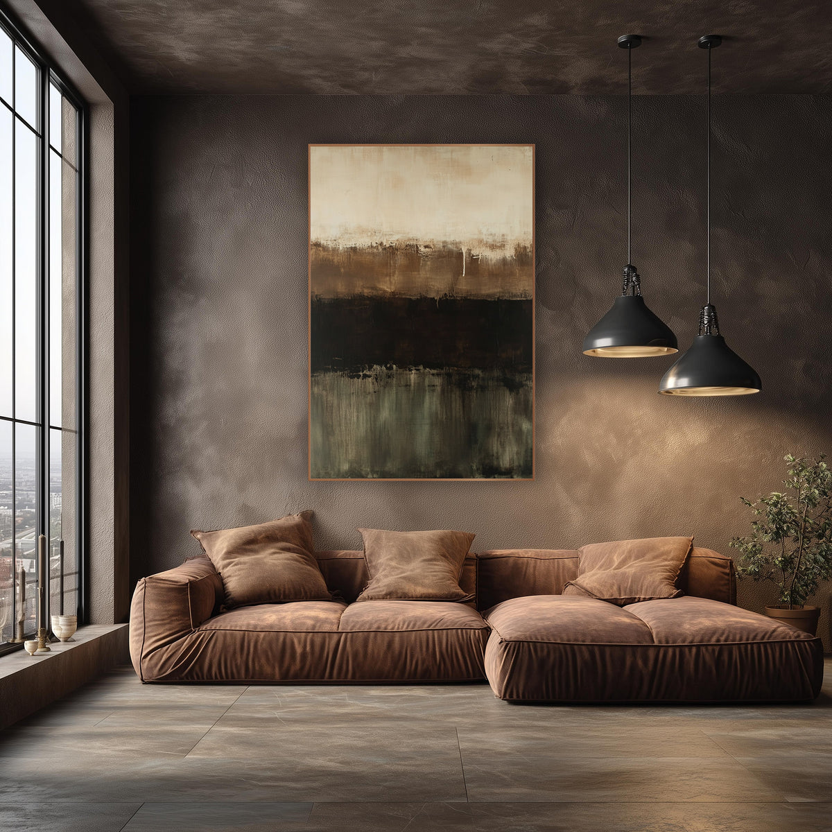 Chocolate Olive Horizon Abstract wall art in an elegant modern room – abstract artwork with horizontal bands of cream