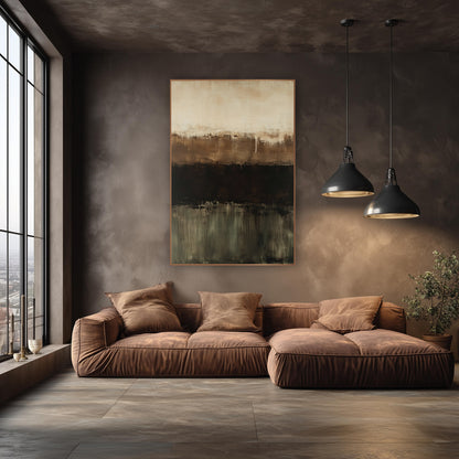 Chocolate Olive Horizon Abstract wall art in an elegant modern room – abstract artwork with horizontal bands of cream