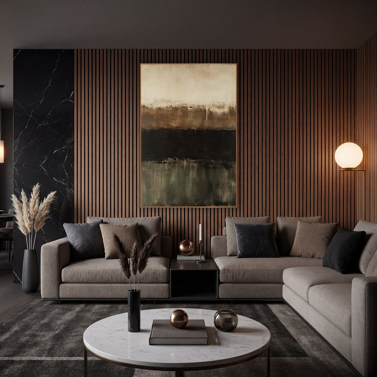 Chocolate Olive Horizon Abstract wall art in an elegant modern room – abstract artwork with horizontal bands of cream