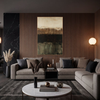 Chocolate Olive Horizon Abstract wall art in an elegant modern room – abstract artwork with horizontal bands of cream