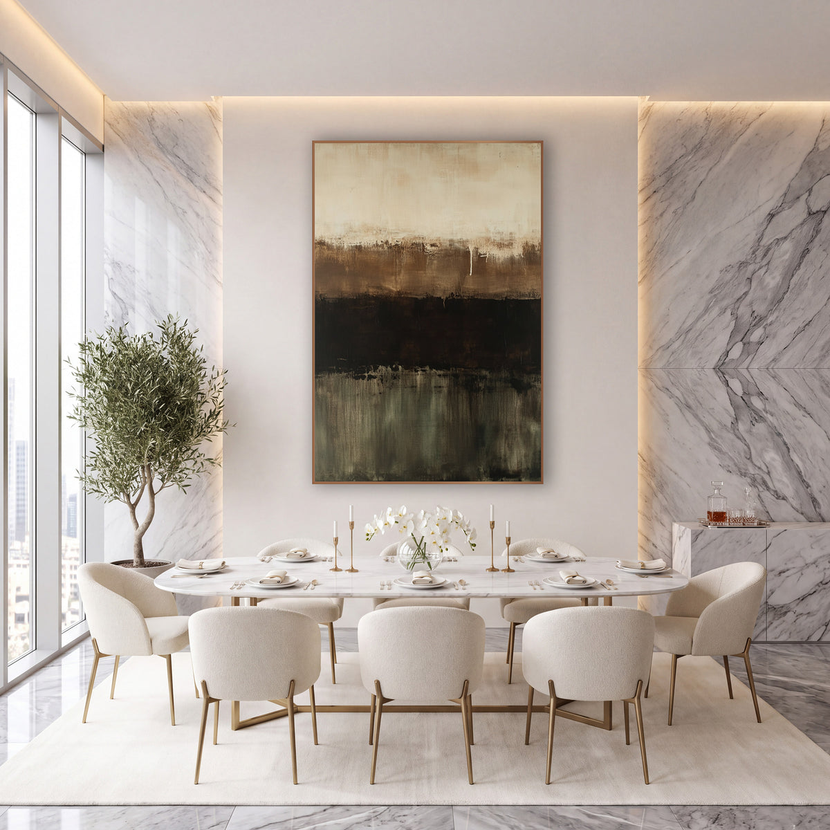 Chocolate Olive Horizon Abstract wall art in an elegant modern room – abstract artwork with horizontal bands of cream