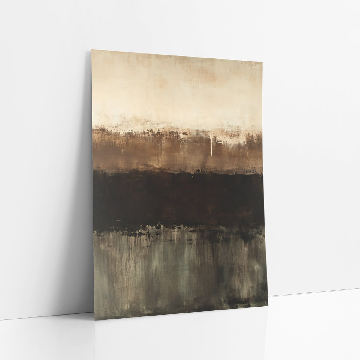 Chocolate Olive Horizon Abstract art print leaning against a white wall – abstract artwork with horizontal bands of cream