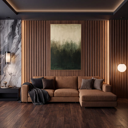 Dark Olive Cream Abstract Gradient wall art in an elegant modern room – abstract artwork fading from cream at the top