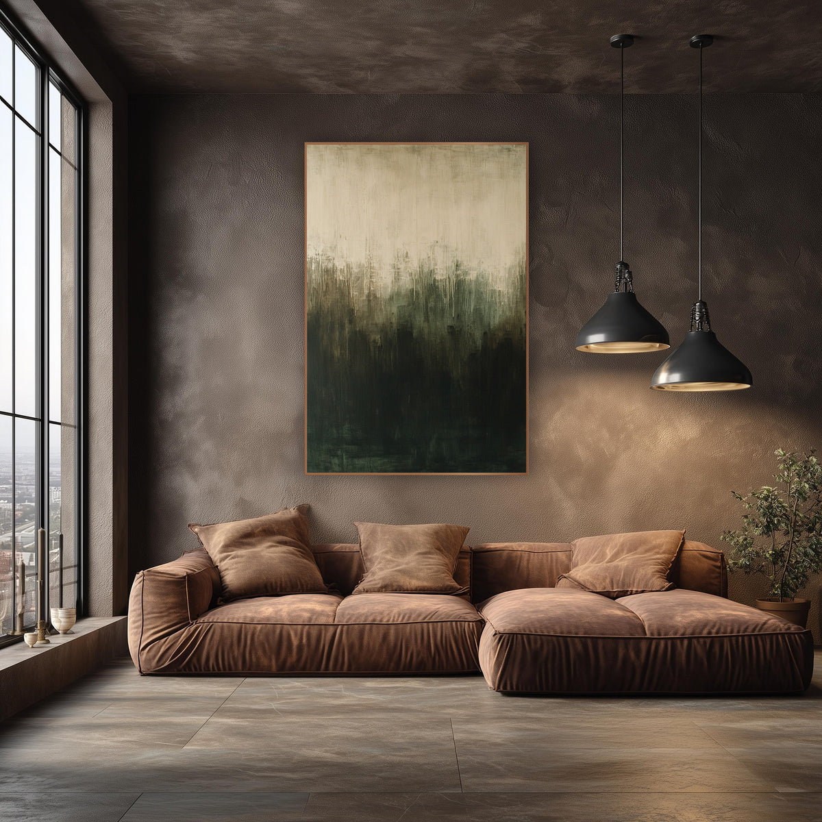 Dark Olive Cream Abstract Gradient wall art in an elegant modern room – abstract artwork fading from cream at the top