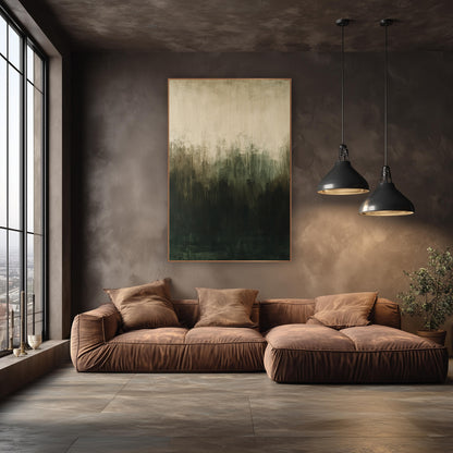 Dark Olive Cream Abstract Gradient wall art in an elegant modern room – abstract artwork fading from cream at the top