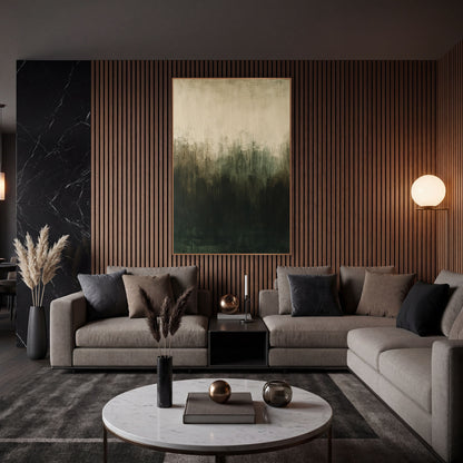 Dark Olive Cream Abstract Gradient wall art in an elegant modern room – abstract artwork fading from cream at the top
