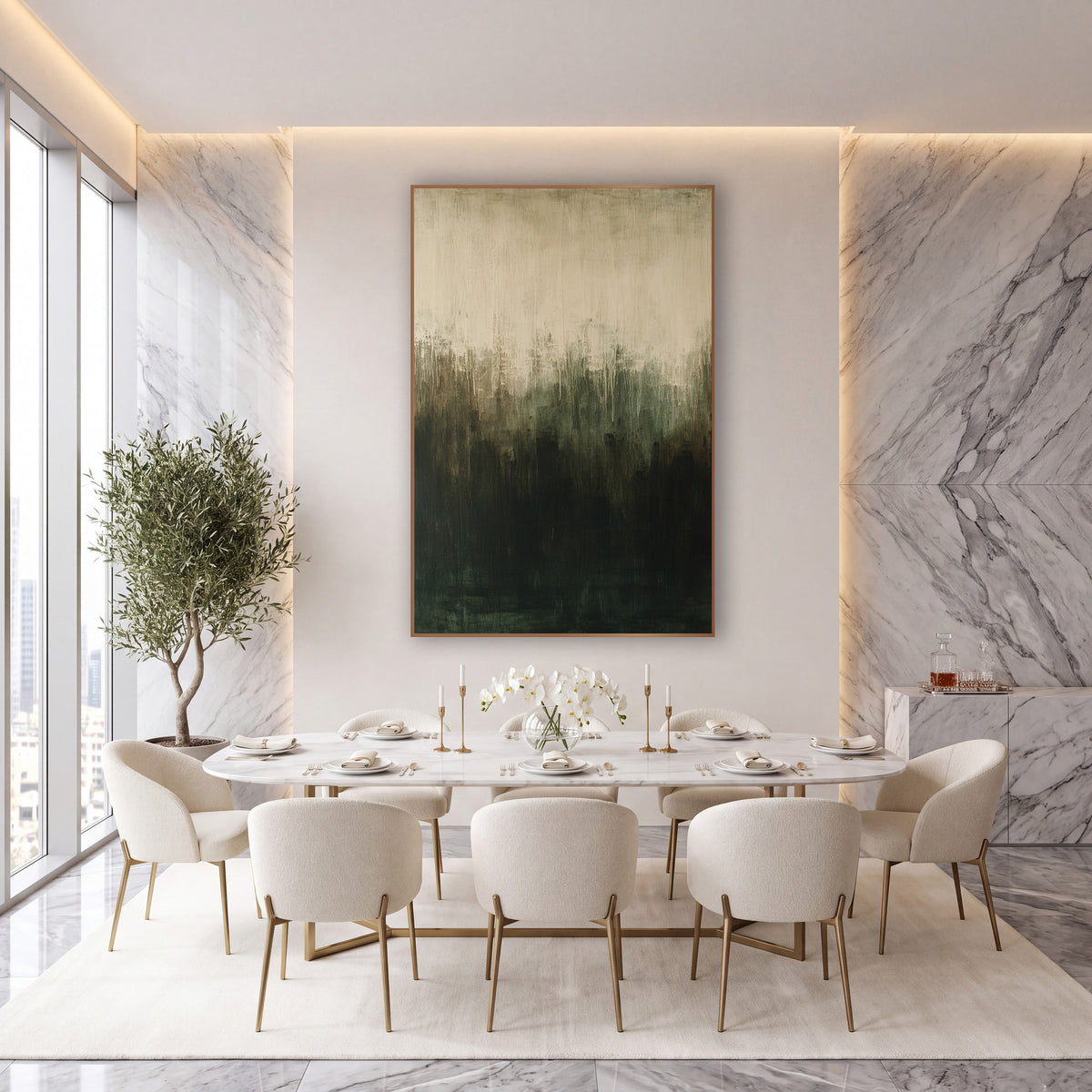 Dark Olive Cream Abstract Gradient wall art in an elegant modern room – abstract artwork fading from cream at the top