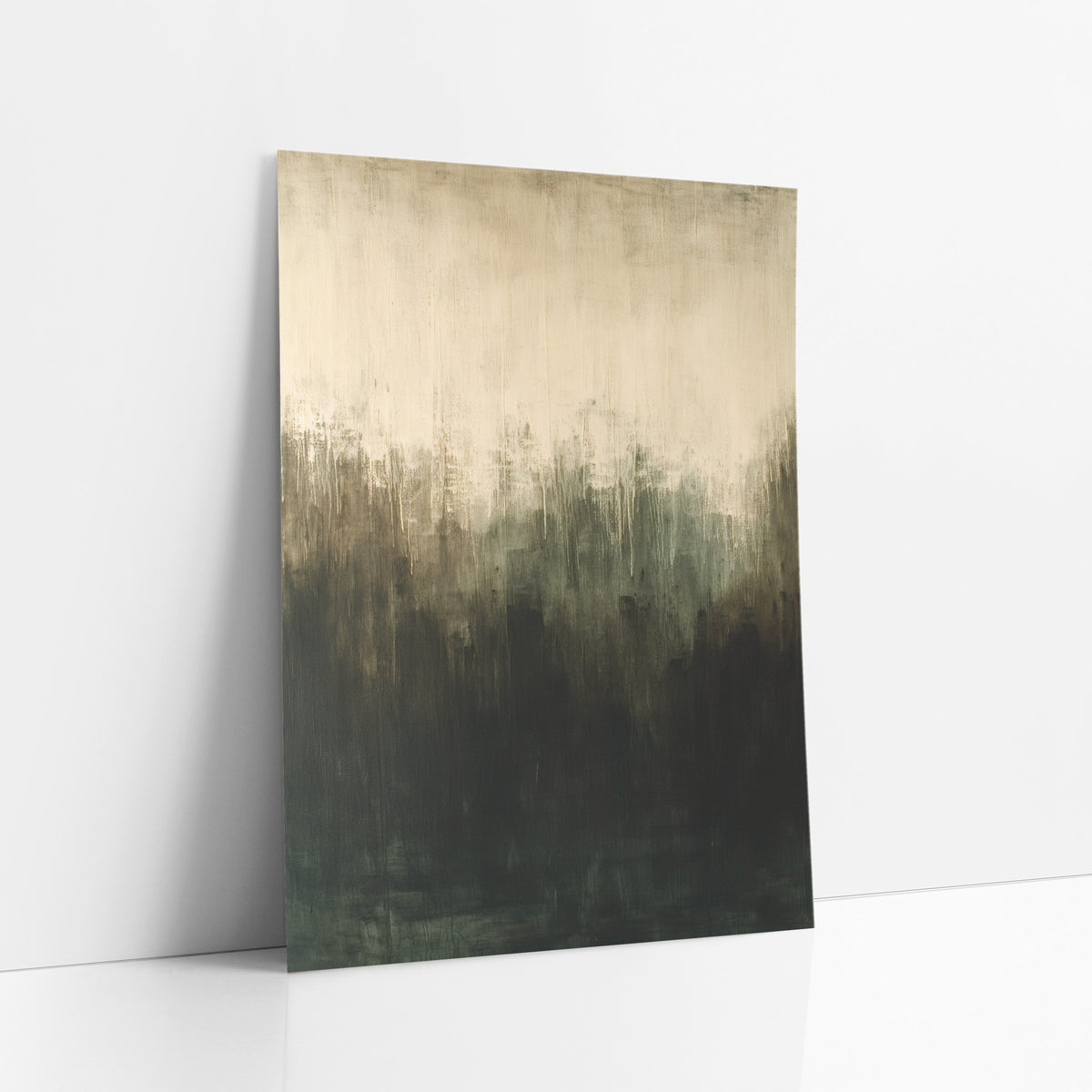 Dark Olive Cream Abstract Gradient art print leaning against a white wall – abstract artwork fading from cream at the top