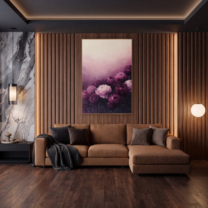 Aubergine Peony Bloom Luxury Floral wall art in an elegant modern room – aubergine and blush pink peonies on dark