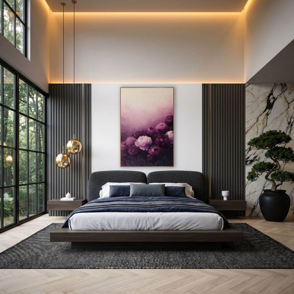 Aubergine Peony Bloom Luxury Floral wall art in an elegant modern room – aubergine and blush pink peonies on dark