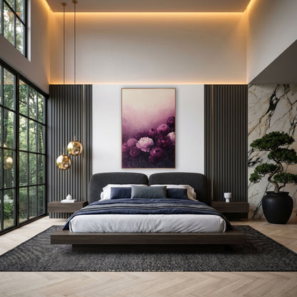Aubergine Peony Bloom Luxury Floral wall art in an elegant modern room – aubergine and blush pink peonies on dark