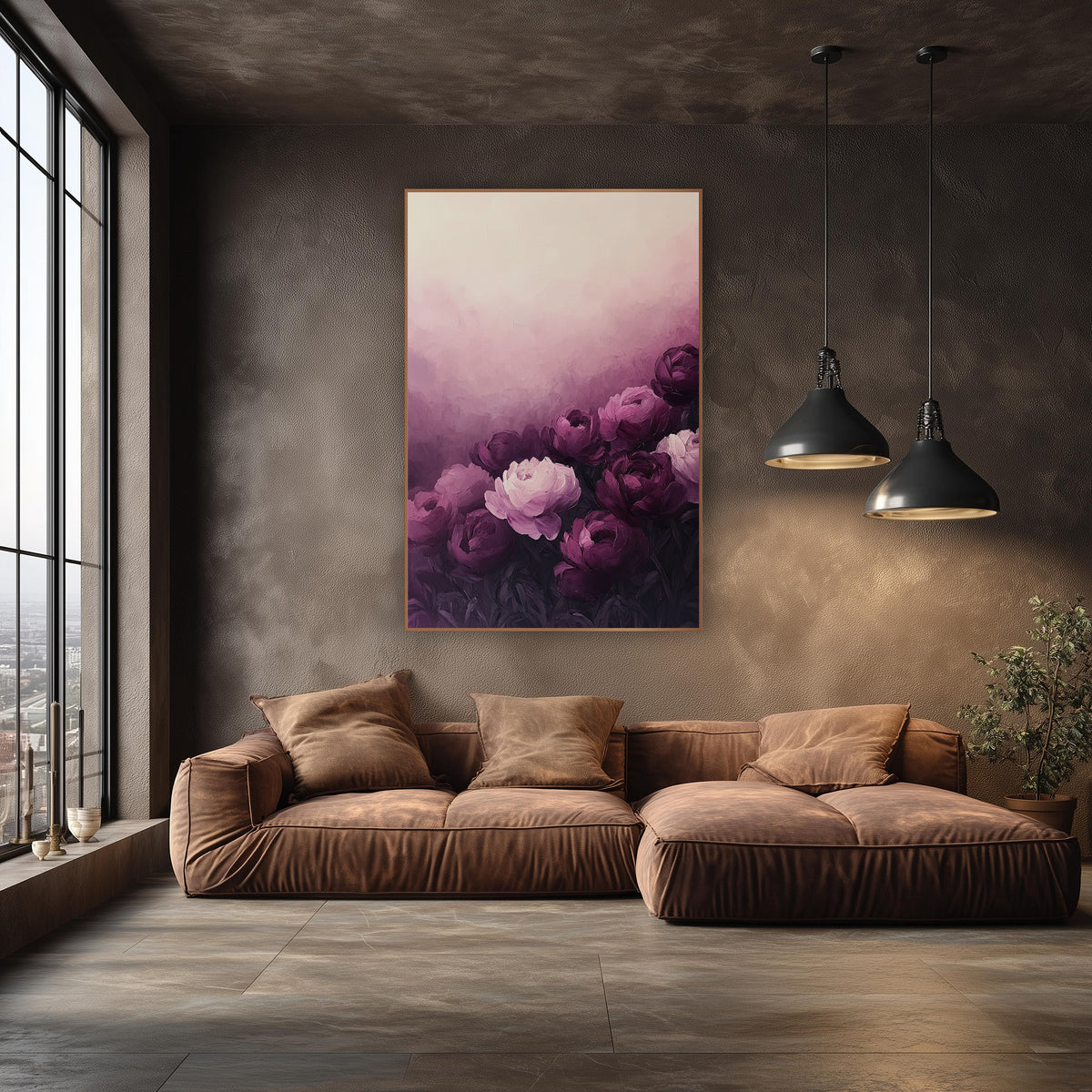 Aubergine Peony Bloom Luxury Floral wall art in an elegant modern room – aubergine and blush pink peonies on dark