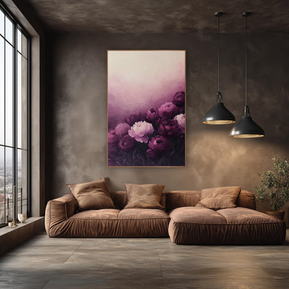 Aubergine Peony Bloom Luxury Floral wall art in an elegant modern room – aubergine and blush pink peonies on dark