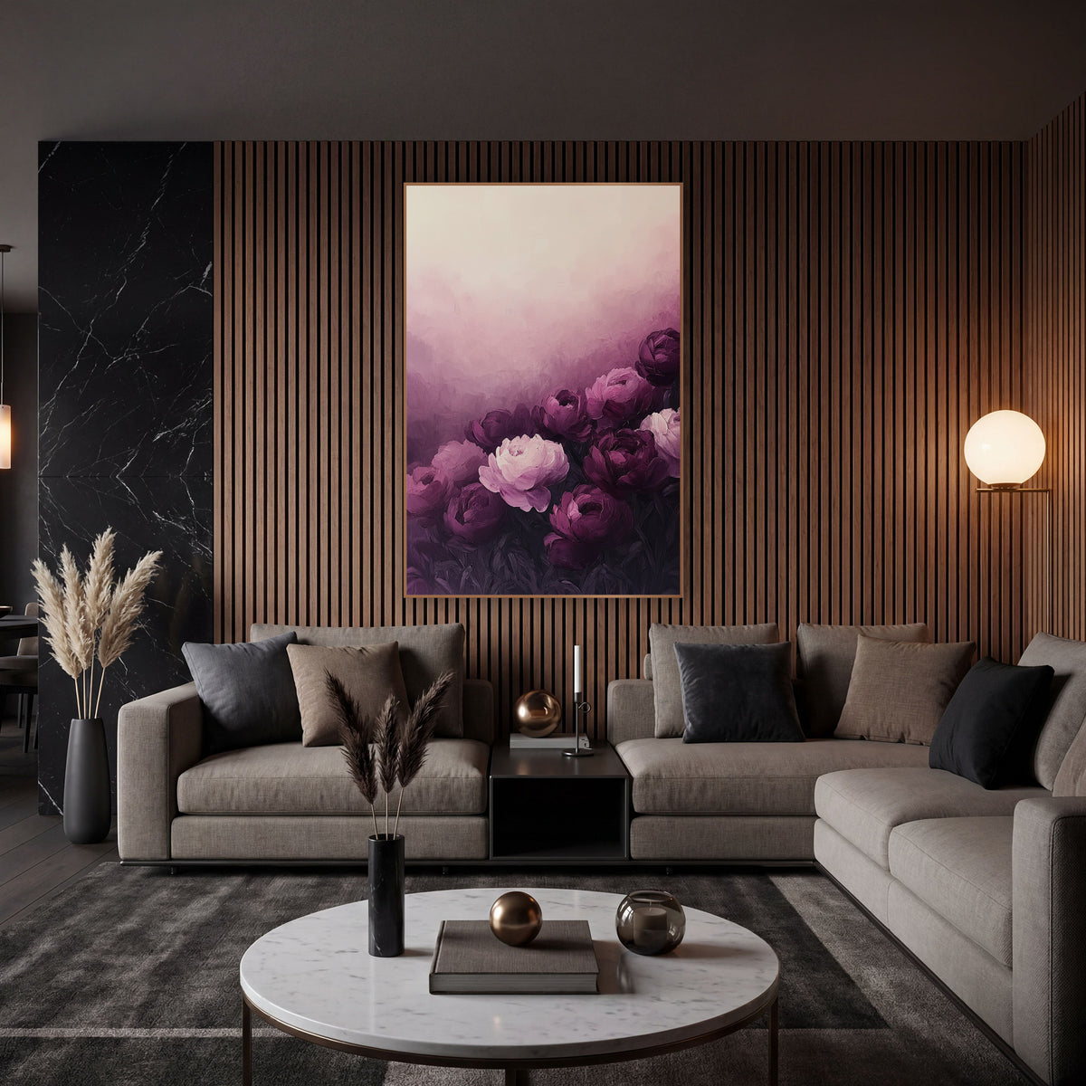 Aubergine Peony Bloom Luxury Floral wall art in an elegant modern room – aubergine and blush pink peonies on dark