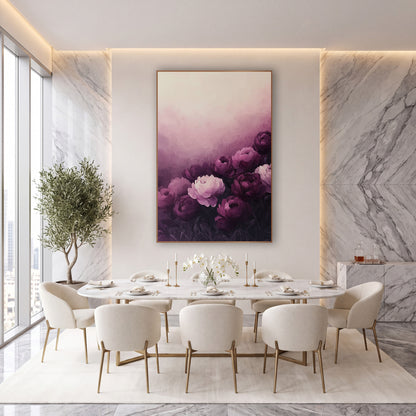 Aubergine Peony Bloom Luxury Floral wall art in an elegant modern room – aubergine and blush pink peonies on dark
