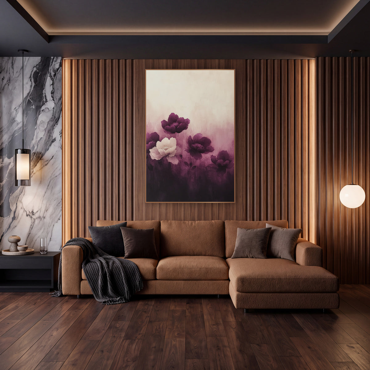 Aubergine Peony Gradient Floral wall art in an elegant modern room – four deep purple peonies and one cream peony