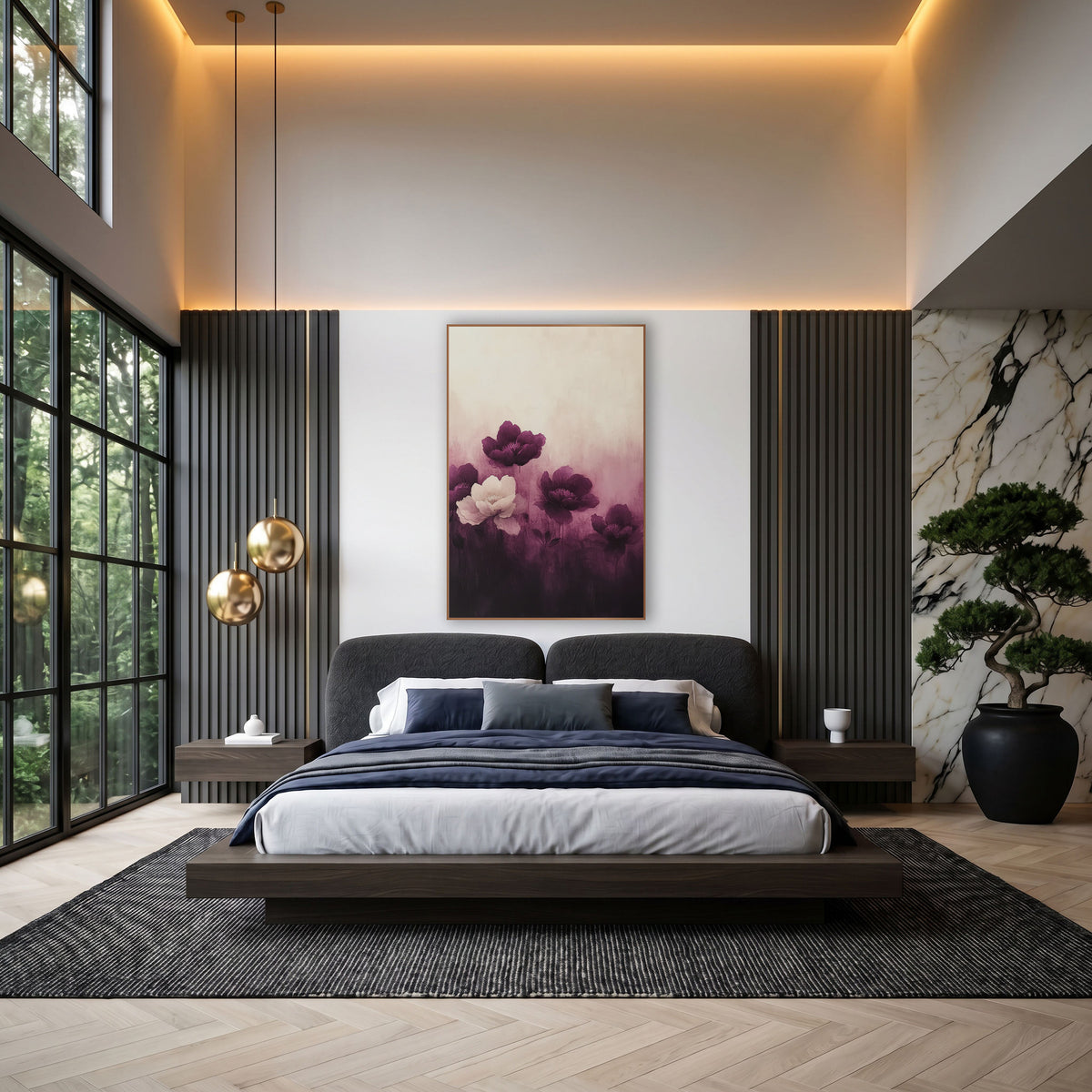 Aubergine Peony Gradient Floral wall art in an elegant modern room – four deep purple peonies and one cream peony
