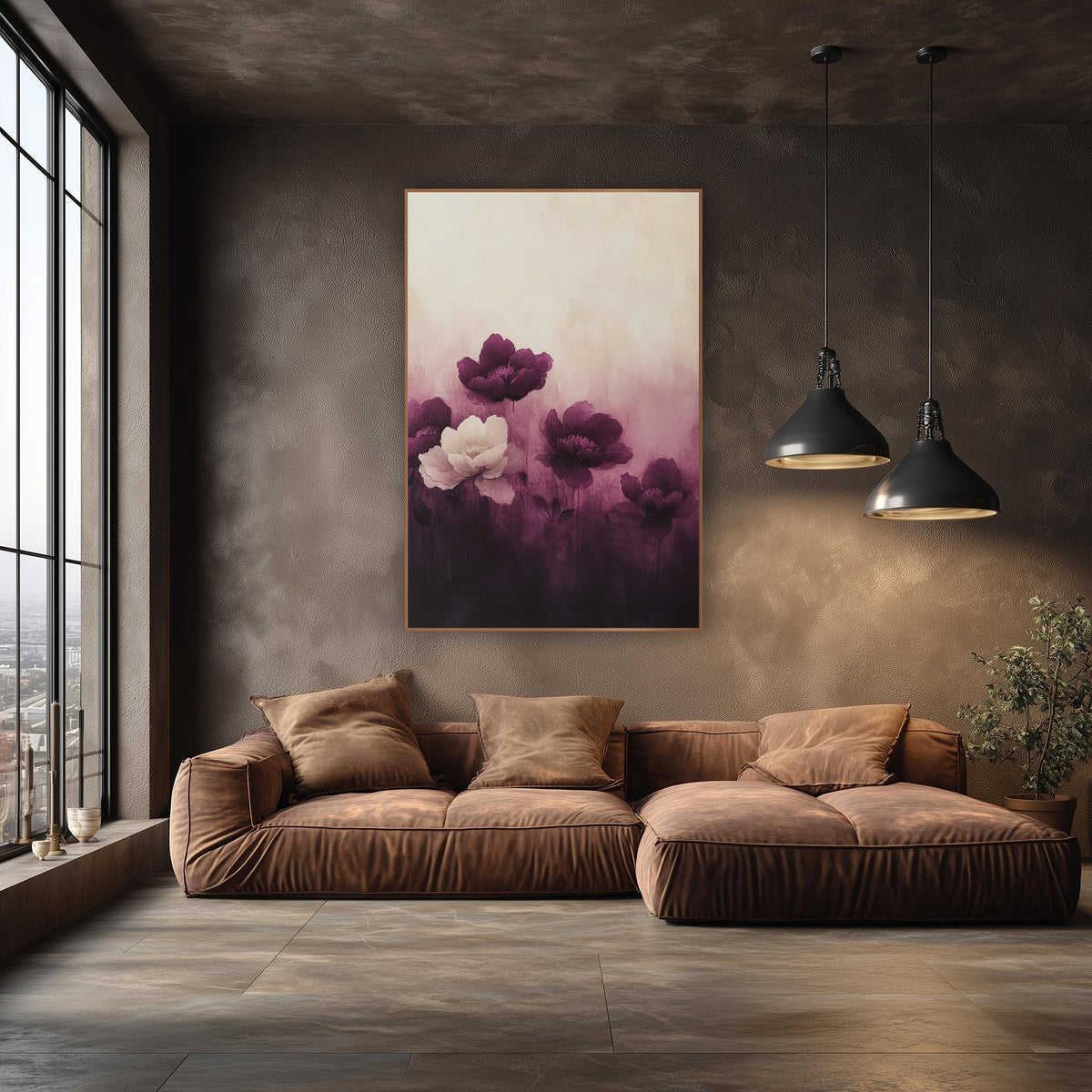 Aubergine Peony Gradient Floral wall art in an elegant modern room – four deep purple peonies and one cream peony