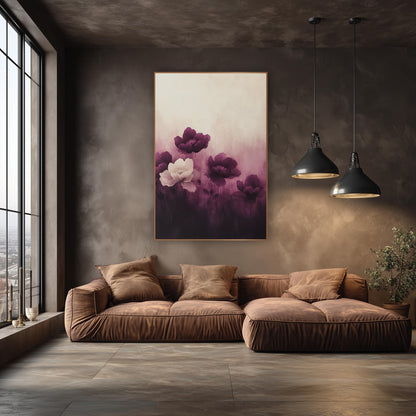 Aubergine Peony Gradient Floral wall art in an elegant modern room – four deep purple peonies and one cream peony