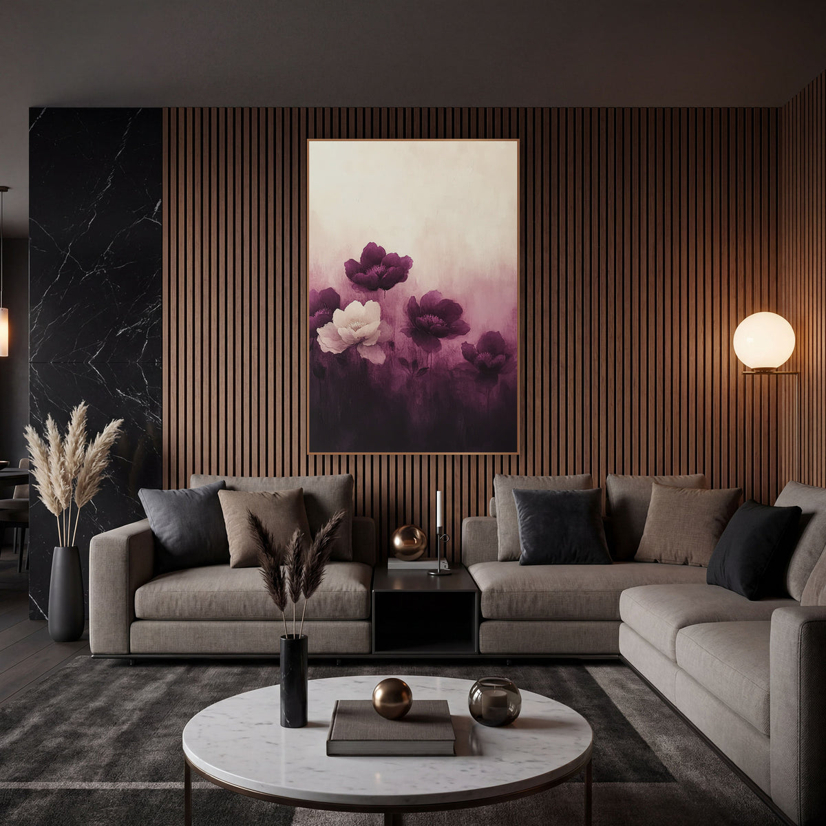 Aubergine Peony Gradient Floral wall art in an elegant modern room – four deep purple peonies and one cream peony