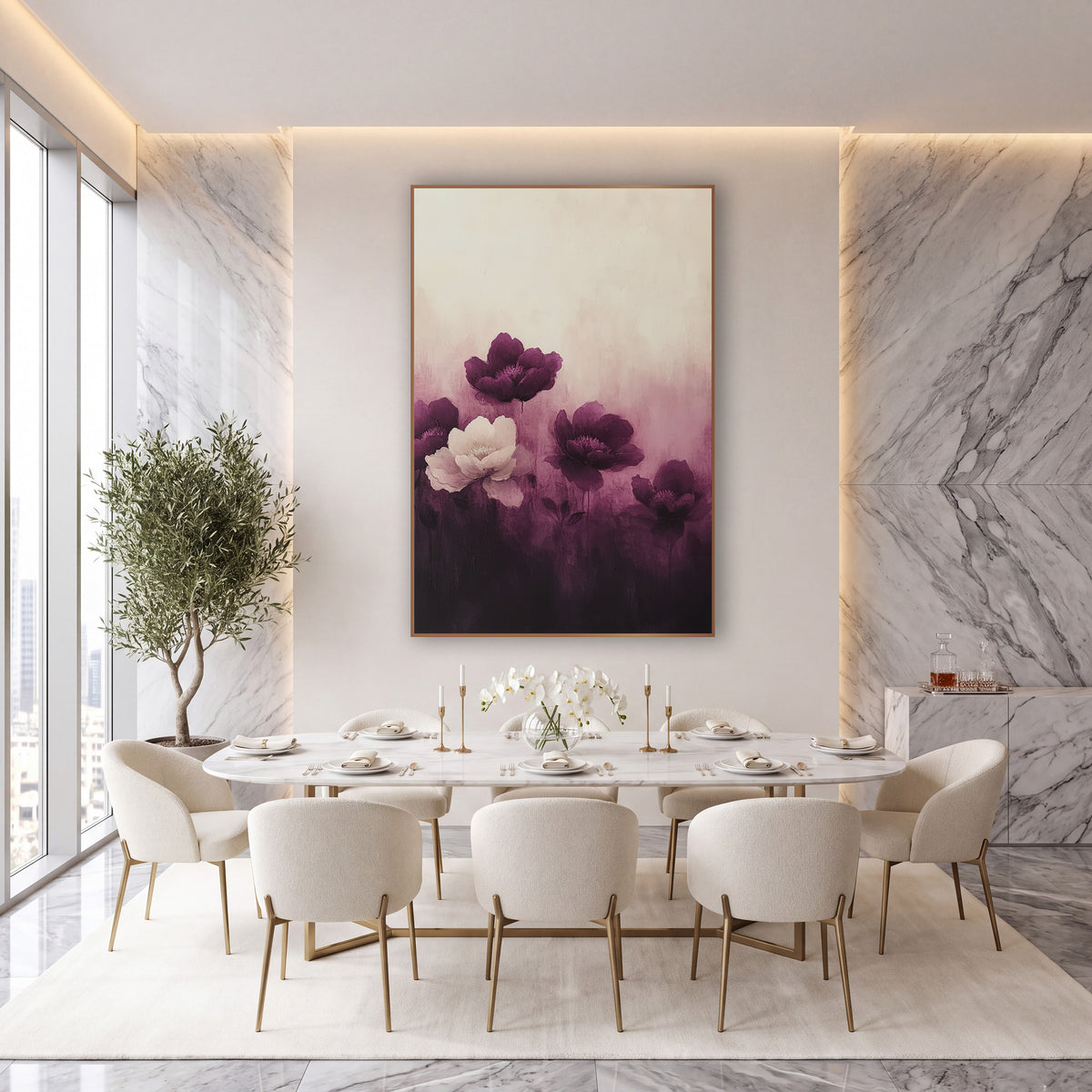 Aubergine Peony Gradient Floral wall art in an elegant modern room – four deep purple peonies and one cream peony