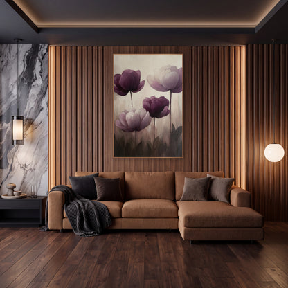 Aubergine Plum Peony Floral Luxe wall art in an elegant modern room – four purple peonies in deep aubergine and pale
