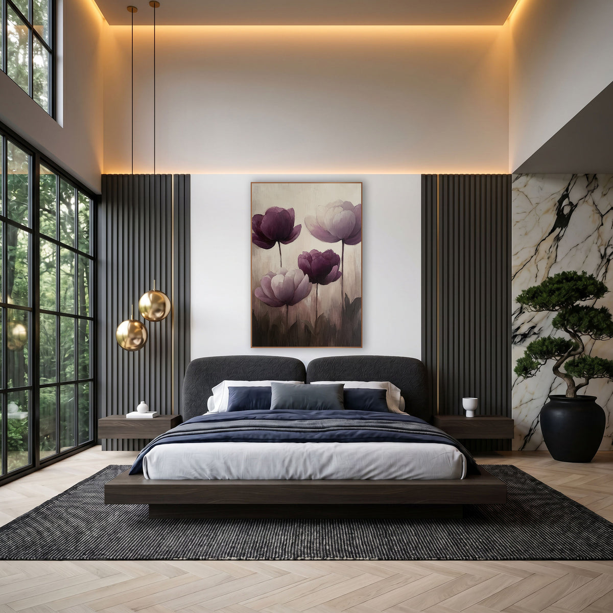 Aubergine Plum Peony Floral Luxe wall art in an elegant modern room – four purple peonies in deep aubergine and pale