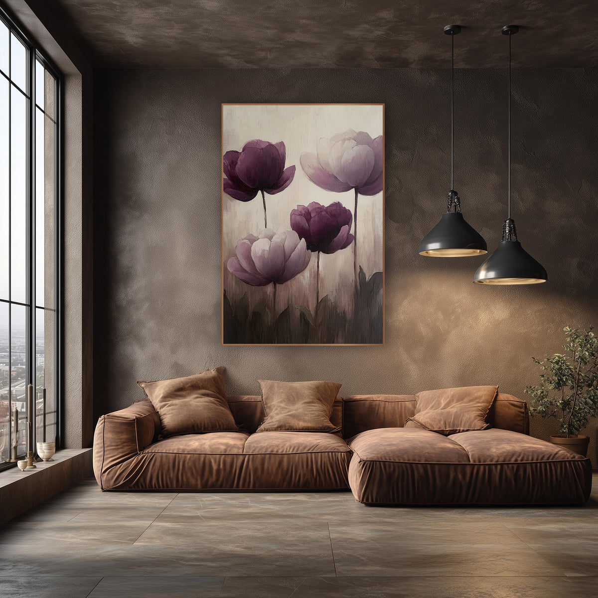 Aubergine Plum Peony Floral Luxe wall art in an elegant modern room – four purple peonies in deep aubergine and pale