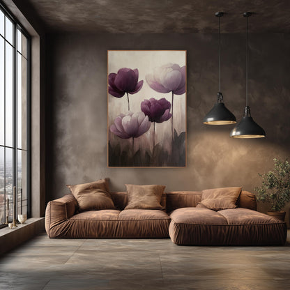 Aubergine Plum Peony Floral Luxe wall art in an elegant modern room – four purple peonies in deep aubergine and pale