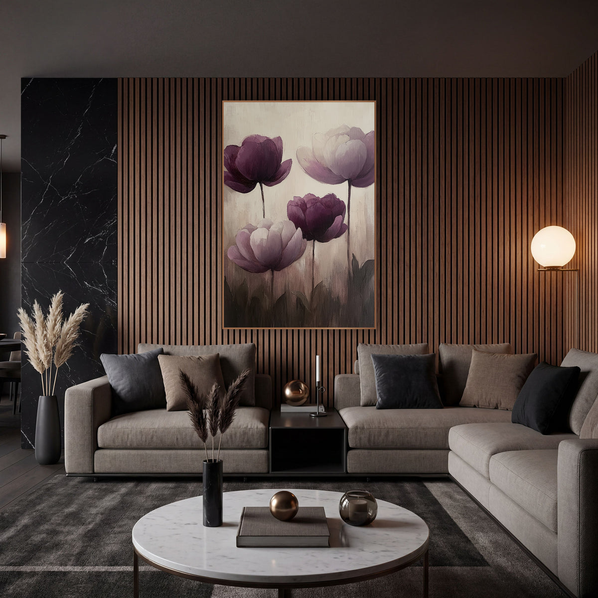Aubergine Plum Peony Floral Luxe wall art in an elegant modern room – four purple peonies in deep aubergine and pale