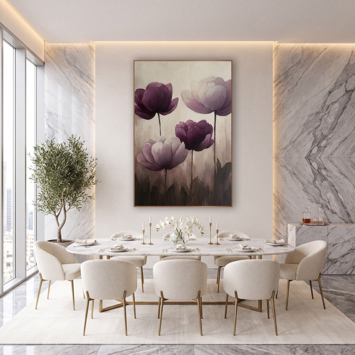 Aubergine Plum Peony Floral Luxe wall art in an elegant modern room – four purple peonies in deep aubergine and pale