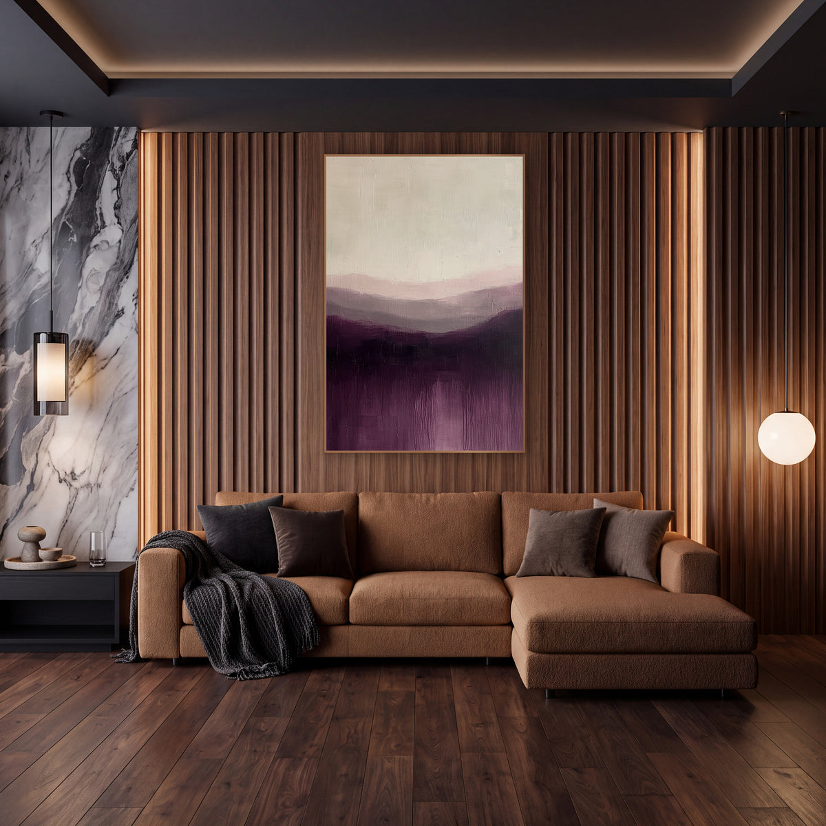 Aubergine Misty Hills Abstract Landscape wall art in an elegant modern room – abstract landscape of layered hills