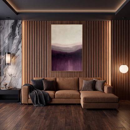 Aubergine Misty Hills Abstract Landscape wall art in an elegant modern room – abstract landscape of layered hills