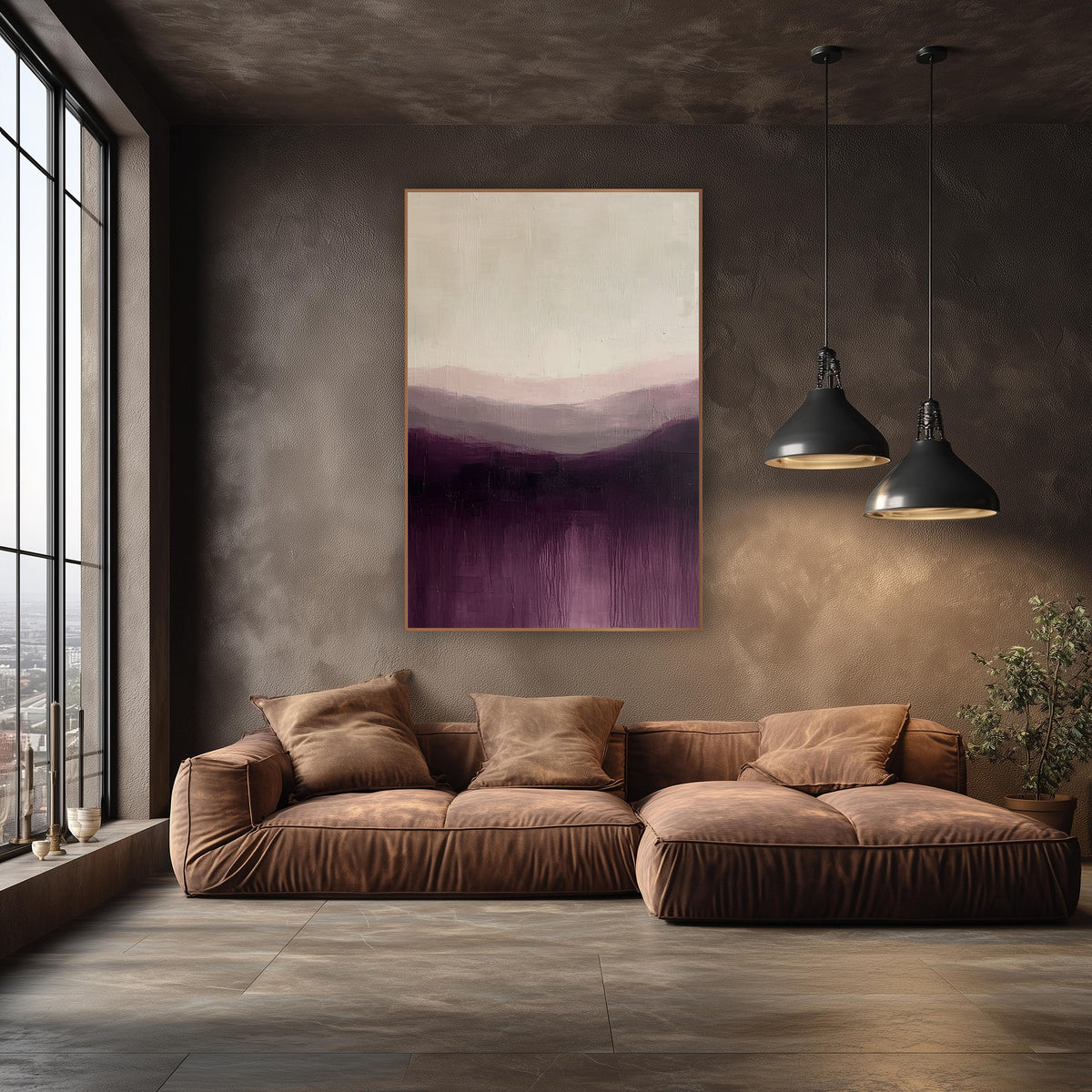 Aubergine Misty Hills Abstract Landscape wall art in an elegant modern room – abstract landscape of layered hills