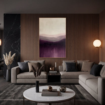 Aubergine Misty Hills Abstract Landscape wall art in an elegant modern room – abstract landscape of layered hills