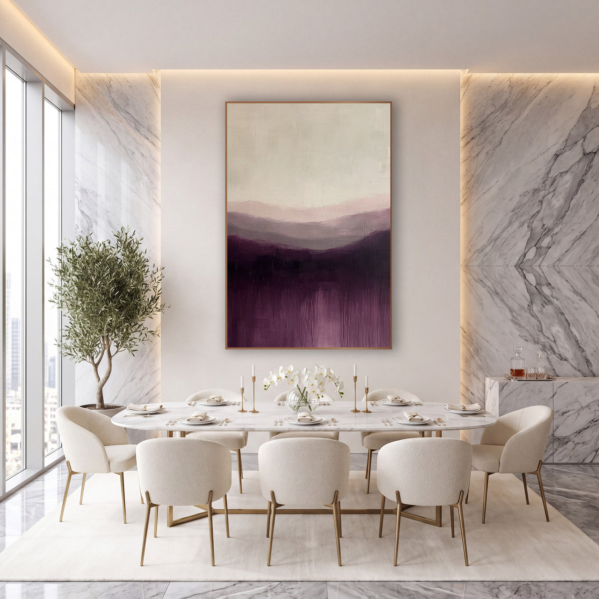 Aubergine Misty Hills Abstract Landscape wall art in an elegant modern room – abstract landscape of layered hills