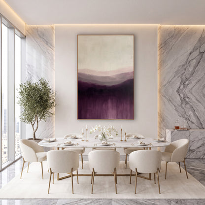 Aubergine Misty Hills Abstract Landscape wall art in an elegant modern room – abstract landscape of layered hills