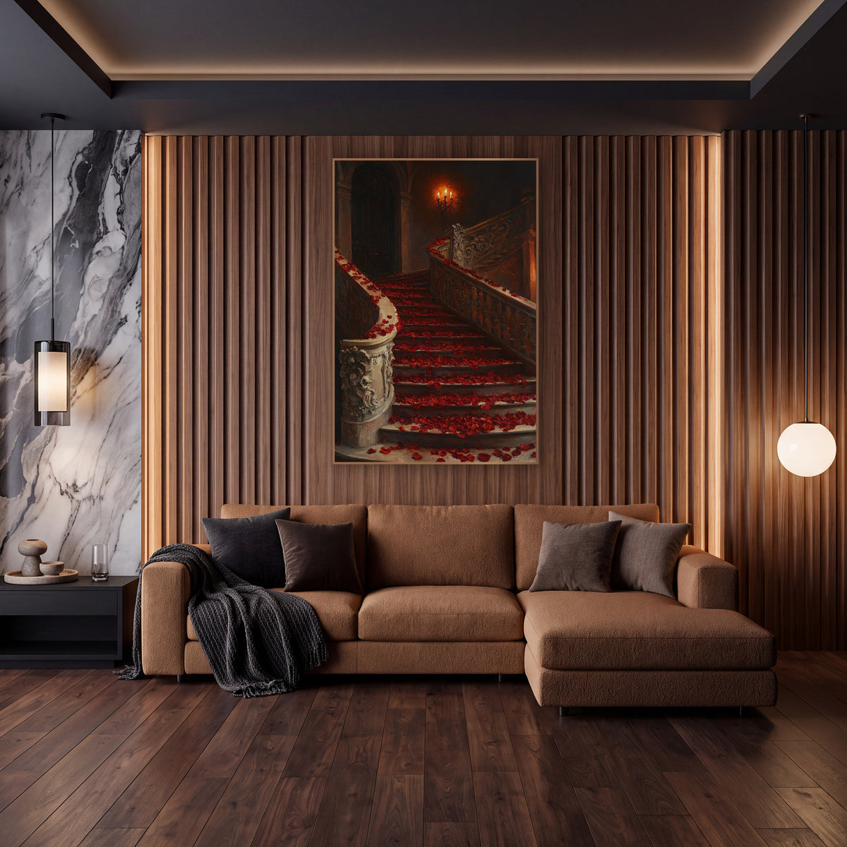 Crimson Petal Curving Balustrade Romantic wall art in an elegant modern room – grand curved staircase covered in red
