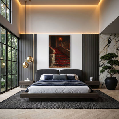 Crimson Petal Curving Balustrade Romantic wall art in an elegant modern room – grand curved staircase covered in red