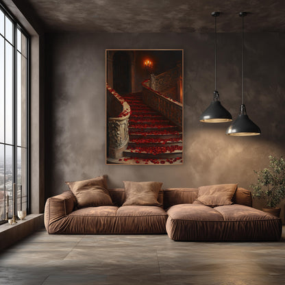 Crimson Petal Curving Balustrade Romantic wall art in an elegant modern room – grand curved staircase covered in red