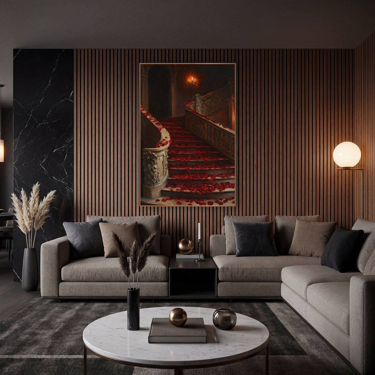 Crimson Petal Curving Balustrade Romantic wall art in an elegant modern room – grand curved staircase covered in red