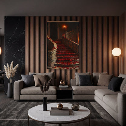Crimson Petal Curving Balustrade Romantic wall art in an elegant modern room – grand curved staircase covered in red