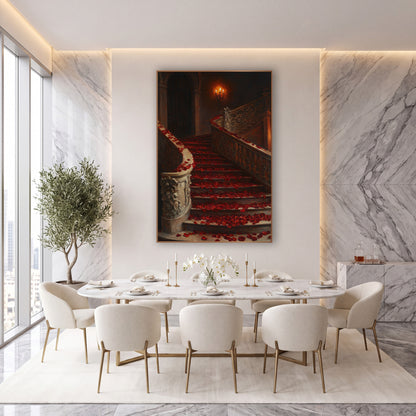 Crimson Petal Curving Balustrade Romantic wall art in an elegant modern room – grand curved staircase covered in red