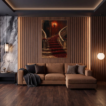 Twin Rose Petal Staircase Symmetrical Romantic wall art in an elegant modern room – grand curved stone staircase