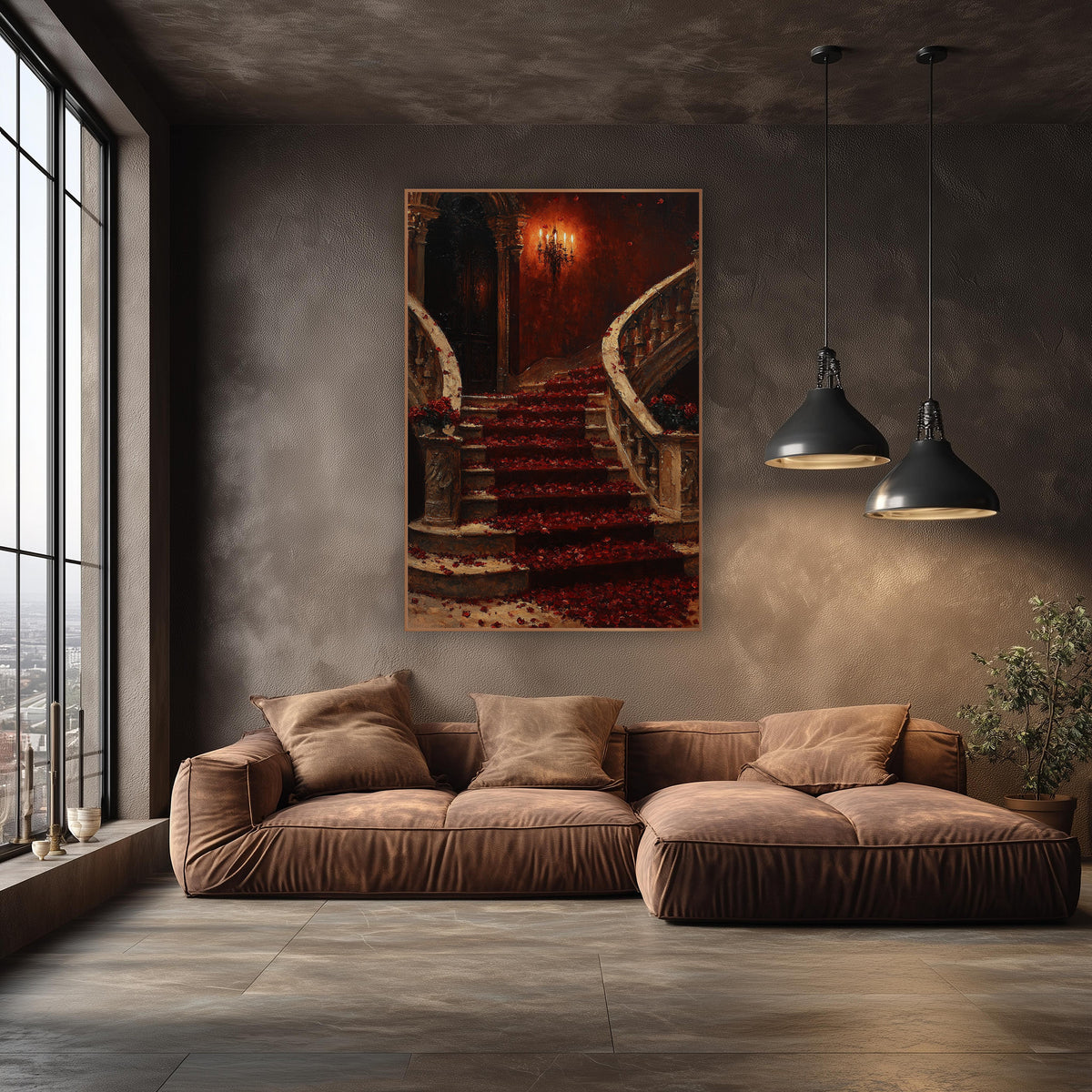 Twin Rose Petal Staircase Symmetrical Romantic wall art in an elegant modern room – grand curved stone staircase